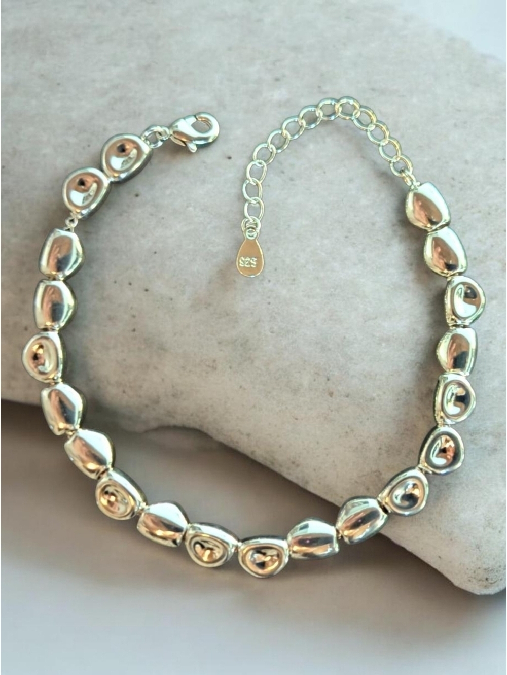 Sterling Silver 925 Solid Pebble Bead Bracelet Adjustable Jewelry
